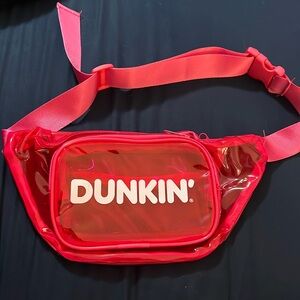 Bright pink Dunkin’ Donuts transparent fanny pack adjustable straps & 2 pouches